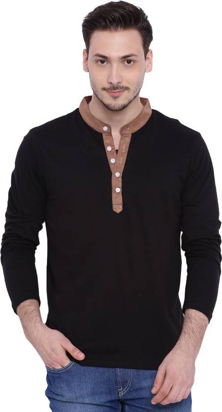 Campus Sutra Solid Men's Henley Black T-Shirt