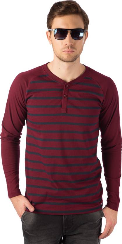 Rodid Striped Men's Henley Maroon, Dark Blue T-Shirt