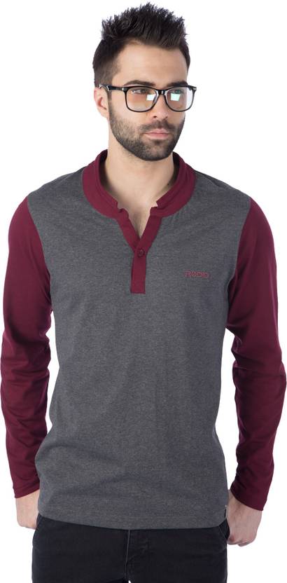 Rodid Solid Men's Henley Grey, Maroon T-Shirt
