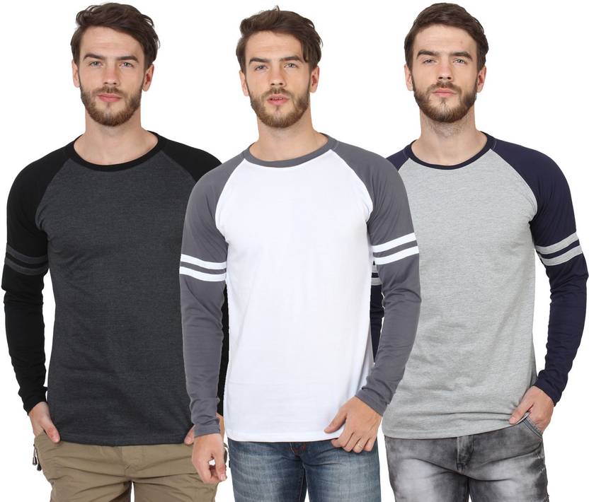 SayItLoud Solid Men's Round Neck Black, White, Grey T-Shirt