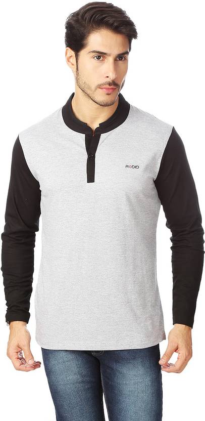 Rodid Solid Men's Henley Grey, Black T-Shirt