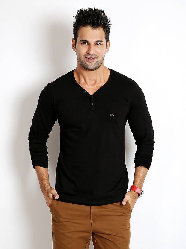 Rodid Solid Men's V-neck Black T-Shirt