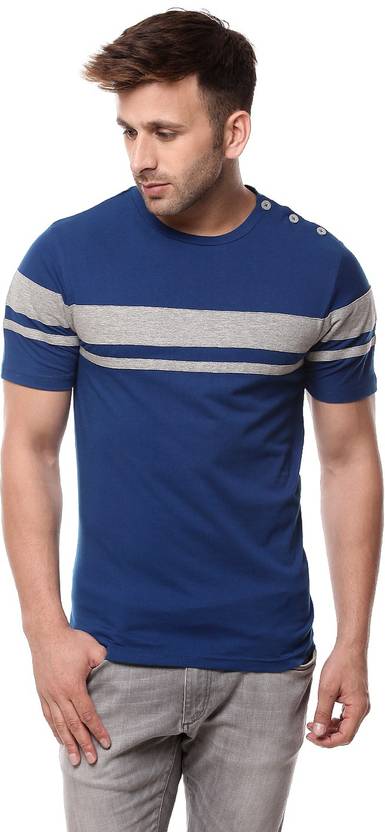 Gritstones Solid Men's Round Neck Blue, Grey T-Shirt