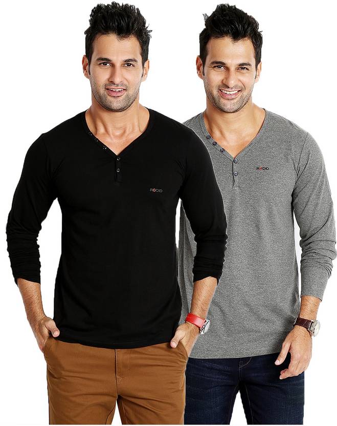 Rodid Solid Men's V-neck Black, Grey T-Shirt