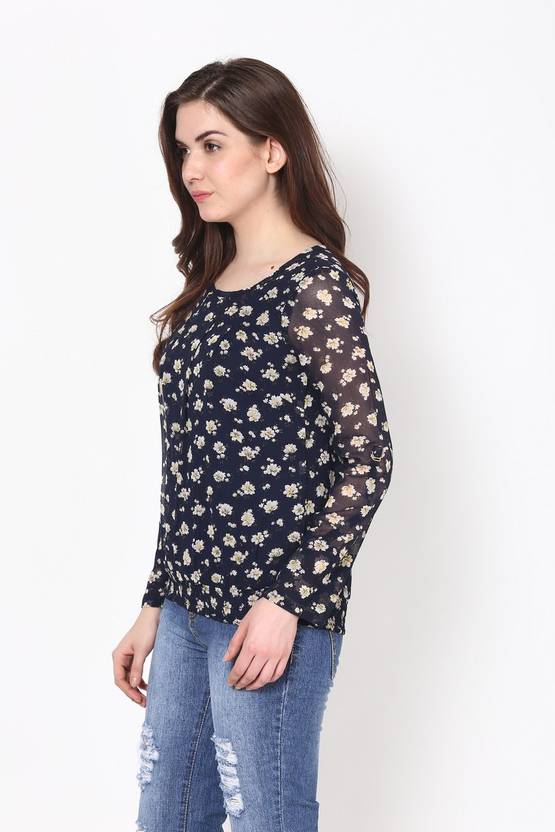 Harpa Casual Roll-up Sleeve Floral Print Women's Blue Top