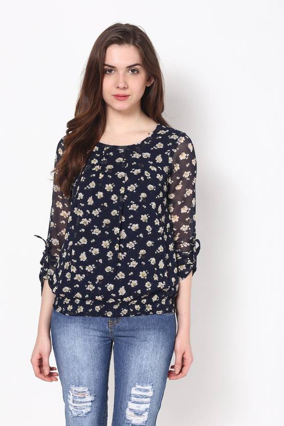 Harpa Casual Roll-up Sleeve Floral Print Women's Blue Top