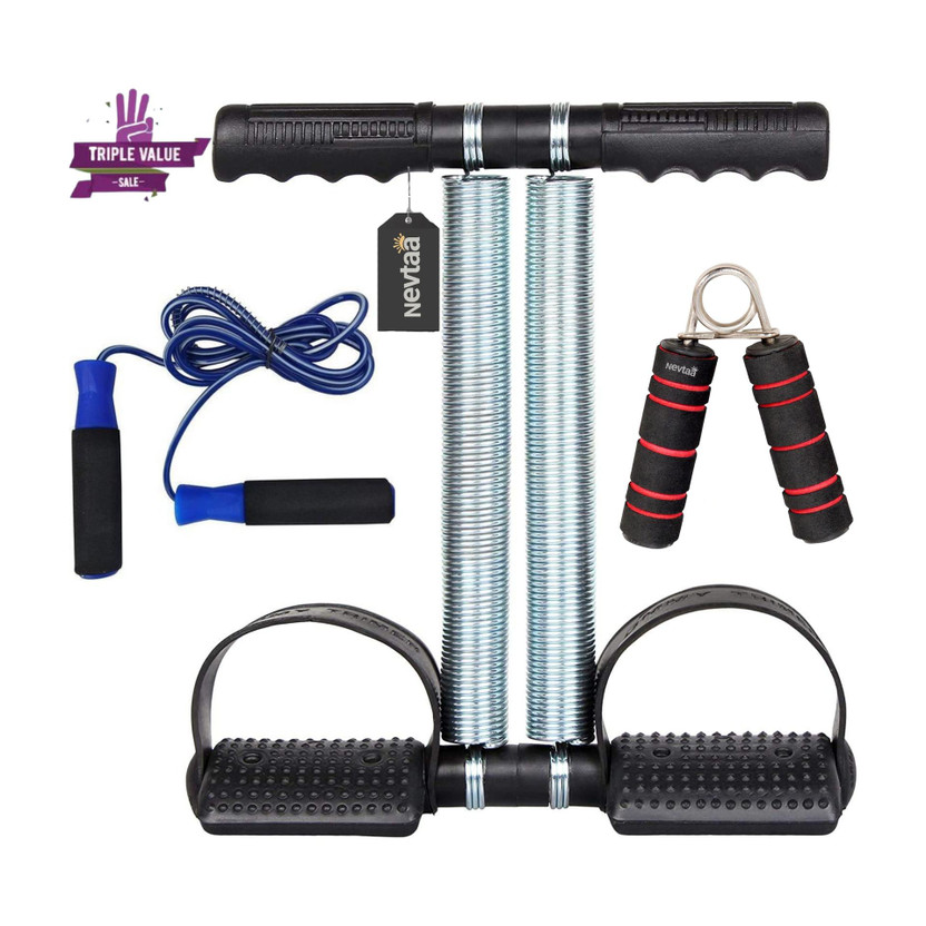 Nevtaa Double Spring Tummy Trimmer Combo with Skipping Rope & Hand Gripper Ab Exerciser(Multicolor)