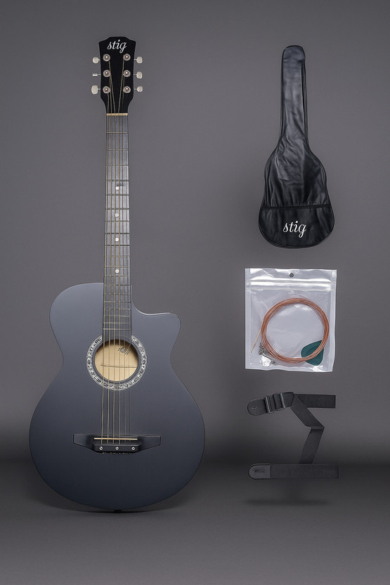 Stig 38-Inch acoustic guitar, for beginners, matte black, cutaway Body with bag&strap Acoustic Guitar Spruce Wood Linden Wood Right Hand Orientation(Black)