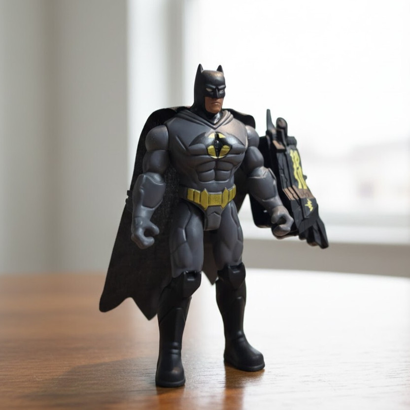 GKNEX Batman-Style Superhero Action Figure | Collectible Toy with Cape & Weapon(Black, Grey)