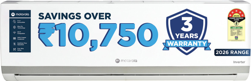 MOTOROLA 2026 Model 1.5 Ton 5 Star Split Inverter with Wi-fi | Free Installation with 3-Year Comprehensive Warranty with Attachments included AC(155IPG26WMRS, White)