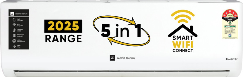 realme TechLife 2025 Model 1 Ton 5 Star Split Inverter with Wi-fi 5-in-1 Convertible with Rapid Cool Smart Technology AC(105IPG25WRS, White)