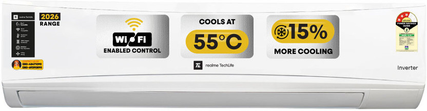realme TechLife 2026 Model 1.6 Ton 3 Star Split Inverter with Wi-fi 5-in-1 Convertible Smart AC with Extra Cooling vs 1.5 Ton AC(163IAA26WRMS, White)
