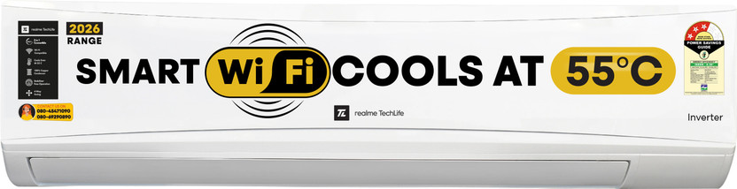 realme TechLife 2026 Model 2 Ton 3 Star Split Inverter with Wi-fi 5-in-1 Convertible with Rapid Cool Technology Smart AC(203IAA26WRMS, White)