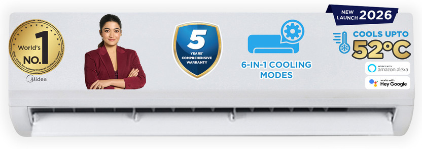Midea 2026 Model 1.5 Ton 3 Star Split AI Inverter with Wi-fi Convertible 6-in-1 with Turbo Mode for Faster Cooling, Auto Defrost Clean and HD & PM 2.5 Filter AC((Santis Max DLX Wi-Fi - MAI18SD3R36W0), White)