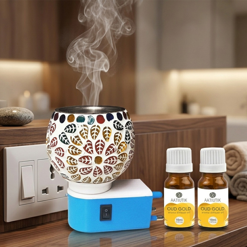 Aatiutik Oud Gold Fragrance Room Freshener Night Lamp with On/Off Switch Diffuser Set Electric Kapoor Dani Camphor Diffuser with Aroma Oil | Ceramic Essential Oil Burner with Steel Bowl on top | Plug-in Fragrance Diffuser for Home, Office & SPA, Hotel(2 x 10 ml)