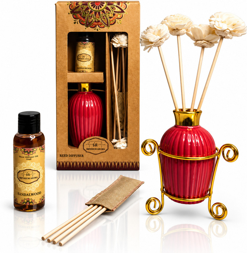 IMPERIUM IMPERIUM AROMA Reed Diffuser Set | Red Ceramic Pot with Stand & 8 Sticks |Sandalwood Aroma Oil 50 ml | Aromatherapy Kit | Stress Relief & Relaxing for Home & Office(1 Units) - Flipkart Deal