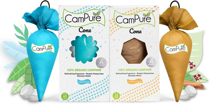 CamPure Cone Original & Sandalwood - Pack of 2 Potpourri Camphor Cone Original & Sandalwood - Room Freshener, Mosquito - Insect Repellent - Pack Of 2(2 x 1 Units)