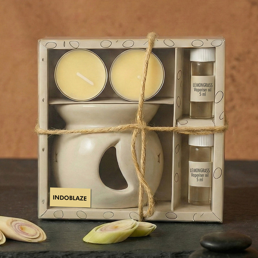 Indoblaze Lemongrass Diffuser Set Ceramic Oil Diffuser Set with 5ml Essential Oil & 2 Tealight Candles(5 x 100 g)