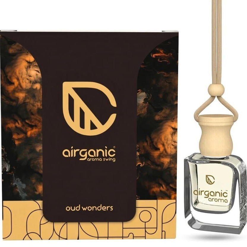 Airganic Aroma Swing-Oud Wonders-Essential Oils in Glass Bottle with Wooden Diffuser Lid Car Freshener Diffuser Aroma Swing - Oud Wonders - 10 ml |Aroma with Essential Oils in Glass Bottle with Wooden Diffuser Lid|Car Freshners|Premium Car perfume| Car Hanging Accessories| Car Accessories Interior(1