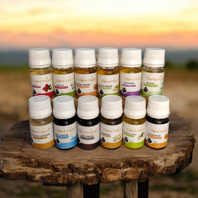 GLOBAL AROMA PACK OF 12 AROMA OIL (15ML) Aroma Oil Diffuser Fragrances Oil Pack of 12 Rose,Bella,Sandalwood,Lemon Grass,lavender,Mogra,Tuscan Leather,Coolwater,Brutmusk,Chamomile,Arabian Jasmine,Marigold (15ML)(12 x 15 ml)