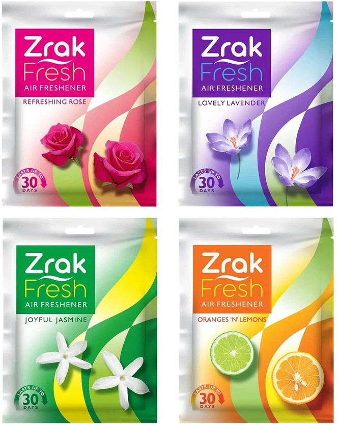 Zrak Fresh Oranges'N'Lemons, Lovely Lavender, Refreshing Rose, Joyful Jasmine Blocks Pocket Air Feshener - Assorted mix | Car, Bathroom and Toilet freshener (10g x 4_)(4 x 1 Units)