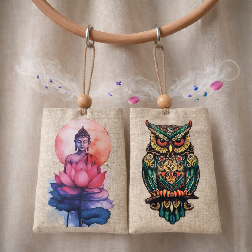 ASTRO PLUS+ Jasmine & Aquafresh Blocks Combo Car Hanging Air Freshener Pouch | Buddha & Owl Eco-Friendly Car Diffuser(2 x 30 g)