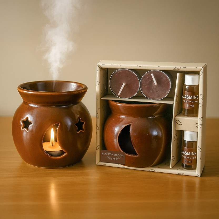 Floryn decor Jasmine Diffuser Set Ceramic Oil Diffuser Set with 5ml Essential Oil & 2 Tealight Candles(500 g)