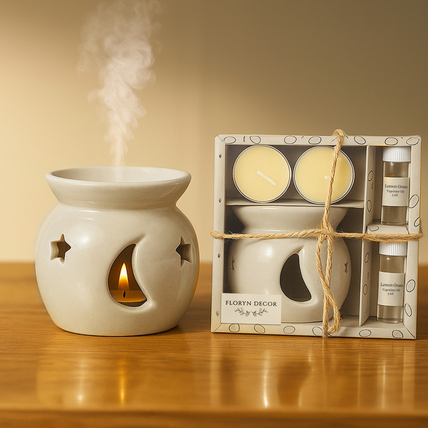 Floryn decor Lemongrass Diffuser Set Ceramic Oil Diffuser Set with 5ml Essential Oil & 2 Tealight Candles(5 x 100 g)