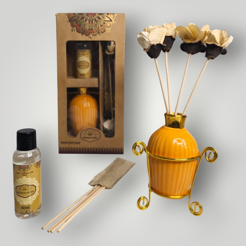 IMPERIUM IMPERIUM AROMA Premium Reed Diffuser | Yellow Ceramic Pot | 8 Sticks | Rose Oil 50ml | Diffuser Set Aromatherapy Kit for Home Fragrance, Bedroom, Living Room & Office(1 Units) - Flipkart Deal