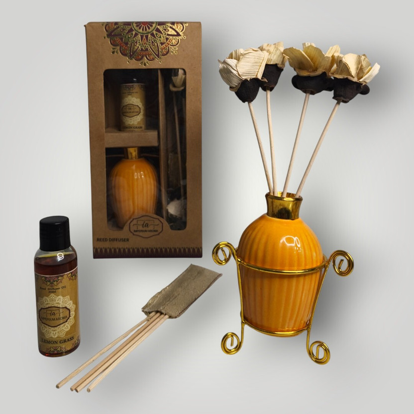 IMPERIUM IMPERIUM AROMA Premium Reed Diffuser | Yellow Ceramic Pot | 8 Sticks | Lemongrass Oil 50ml | Diffuser Set Aromatherapy Kit for Home Fragrance, Bedroom, Living Room & Office(1 Units) - Flipkart Deal