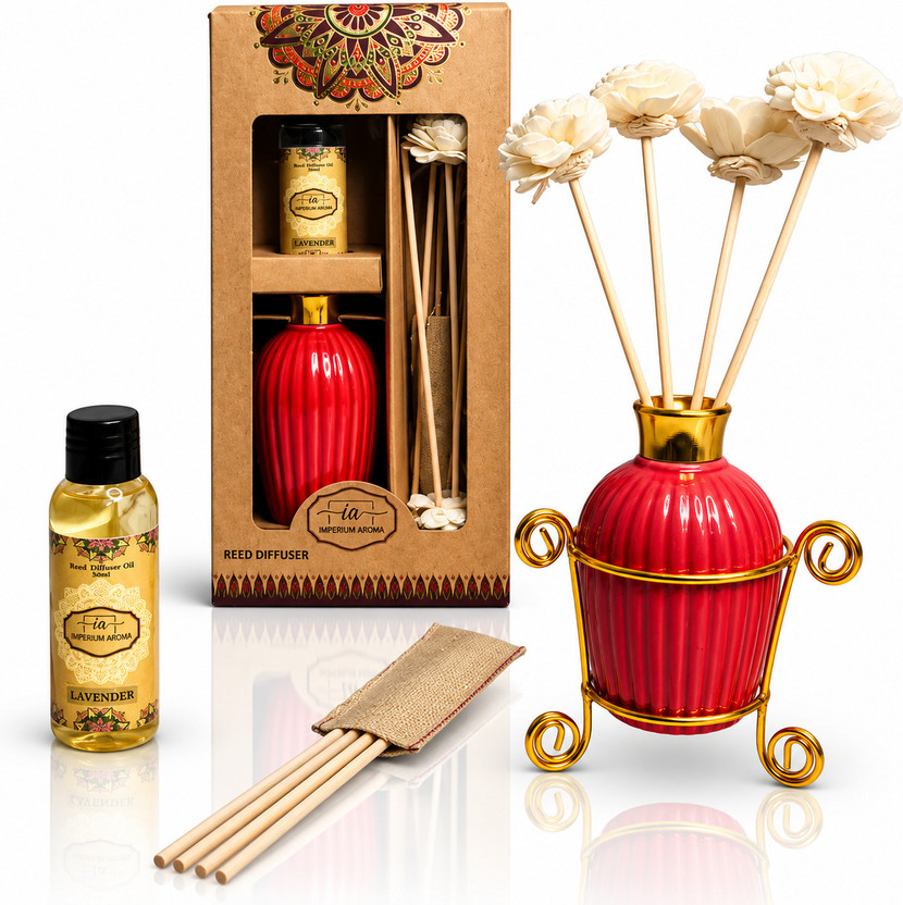 IMPERIUM IMPERIUM AROMA Reed Diffuser Set | Red Ceramic Pot with Stand & 8 Sticks | Lavender Aroma Oil 50 ml | Aromatherapy Kit | Stress Relief & Relaxing for Home & Office(1 Units) - Flipkart Deal