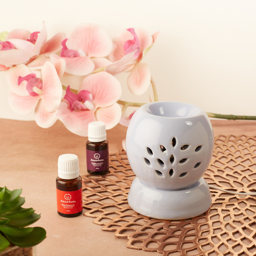 Asian Aura Ceramic Electric Diffuser, With RosyRomance& EnglishLavender Aroma Oils,Light Grey Diffuser Set Ceramic Electric Aroma Diffuser Light Grey(20 ml)