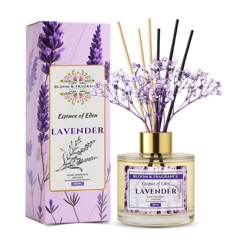 Bloom &Fragrance Lavender Diffuser Lavender Diffuser120 Ml Get 6 Fiber Stick Natural Fragrance & Smokeless Room Freshener Diffuser Set LAVENDER REED DIFFUSER(120 ml)