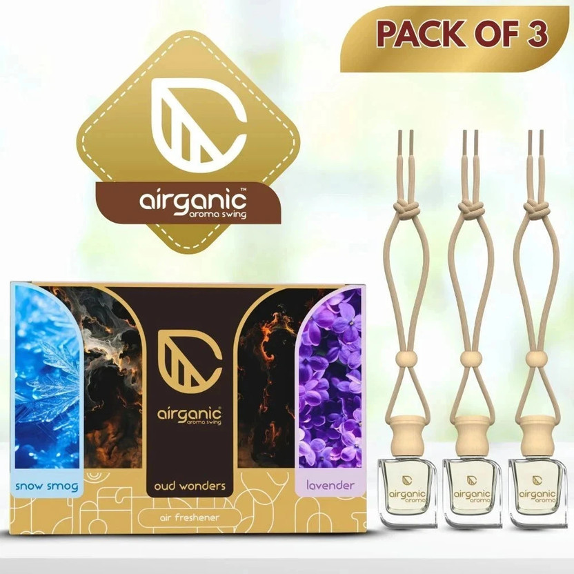 Airganic Aroma Swing Combo Offer: Oud Wonder, Lavender & Snow Smog Car Freshener Diffuser Aroma Swing Combo Offer: Oud Wonder, Lavender & Snow Smog | Aroma with Essential Oils in Glass Bottle with Wooden Diffuser Lid| Car Hanging Accessories| Car Accessories Interior(3 x 10 ml)