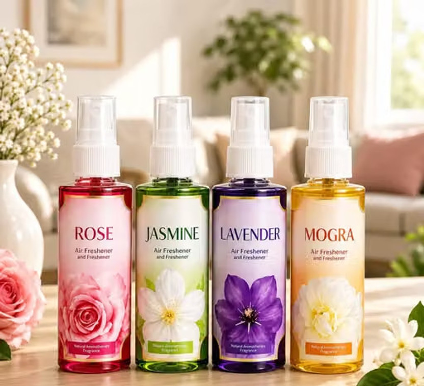 Thebebysco Rose, Jasmine, Lavender Spray SHEEFO Premium Room Freshener Spray Combo | Rose, Jasmine & Lavender | Pack of 4(3 x 133.33 ml)