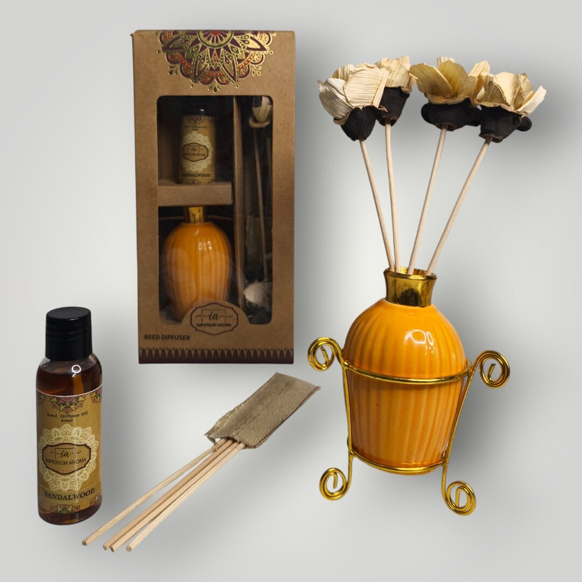 IMPERIUM IMPERIUM AROMA Premium Reed Diffuser | Yellow Ceramic Pot | 8 Sticks | Sandalwood Oil 50ml | Diffuser Set Aromatherapy Kit for Home Fragrance, Bedroom, Living Room & Office(1 Units) - Flipkart Deal