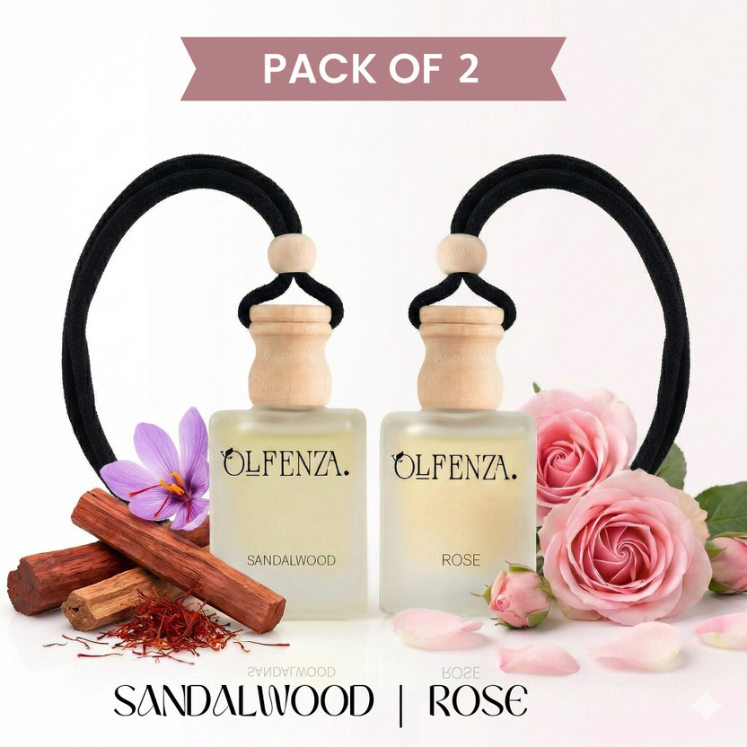 OLFENZA SANDALWOOD, ROSE Diffuser Car Freshener Hanging Perfumes Long Lasting Fragrance 10+10ML(2 x 10 ml)