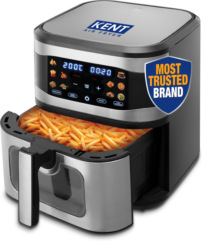 KENT Digital Air Fryer 8L | 1700W | Bake, Grill & Roast | Up to 80% Less Oil Usage | 7 Preset Menu | Digital Display & Touch Control Panel | Glass Window with in built Light | Auto Cut-Off Silver Air Fryer(8 L)