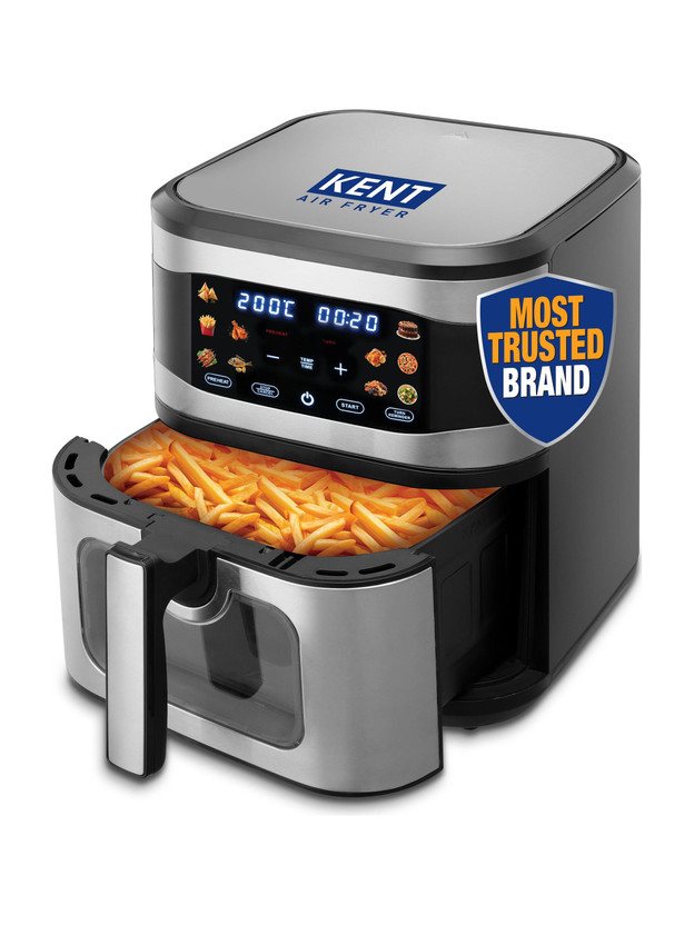 KENT Digital Air Fryer 8L | 1700W | Bake, Grill & Roast | Up to 80% Less Oil Usage | 7 Preset Menu | Digital Display & Touch Control Panel | Glass Window with in built Light | Auto Cut-Off Silver Air Fryer(8 L)
