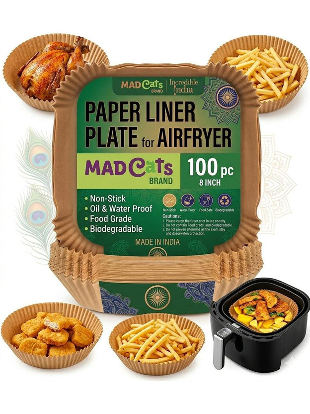 Mad Cats 100 Pcs Air Fryer Liners 8 Inch | Non-Stick Oil-Proof Square Paper Liner Plate Airfryer Tray