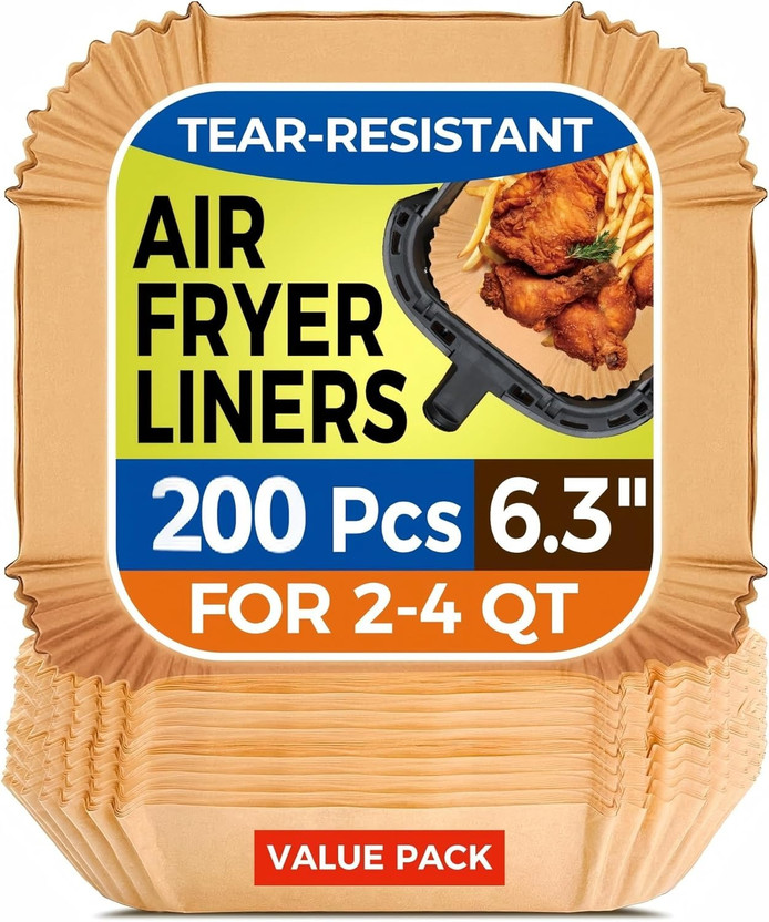 SANCORP 200PCS Air Fryer Paper Liners Disposable, 6.5 Inch Square Parchment Paper Liners Airfryer Tray