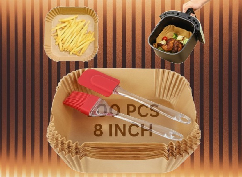 AARUBHAKTI ENTERPRISE 100PCS Air Fryer Paper Square with Brush & Spatula – Non-Stick Heat-Resistant Airfryer Tray