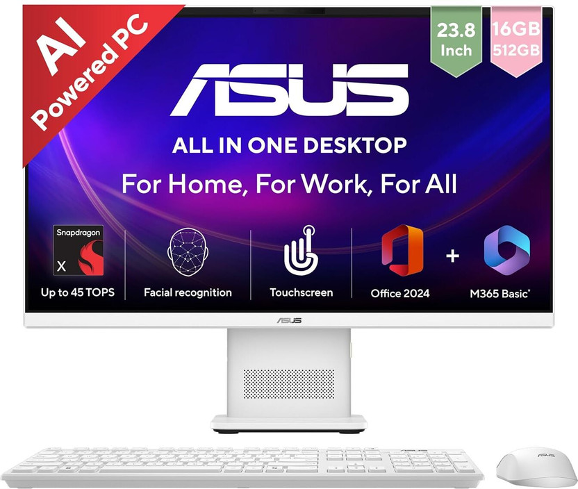 ASUS AiO V400 (2026), VM441QA with Touch screen, Copilot + PC, AI PC, Snapdragon X (16 GB LPDDR5/512 GB SSD/Windows 11 Home/23.8 Inch Screen/VM441QA-TWAP001WS)(White)