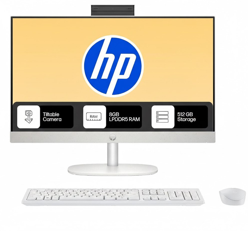 HP All-in-One 24 Ryzen 3 Quad Core (8 GB LPDDR5/512 GB SSD/Windows 11 Home/24 Inch Screen/24-cr0014 / 24-cr0016) with MS Office(White)