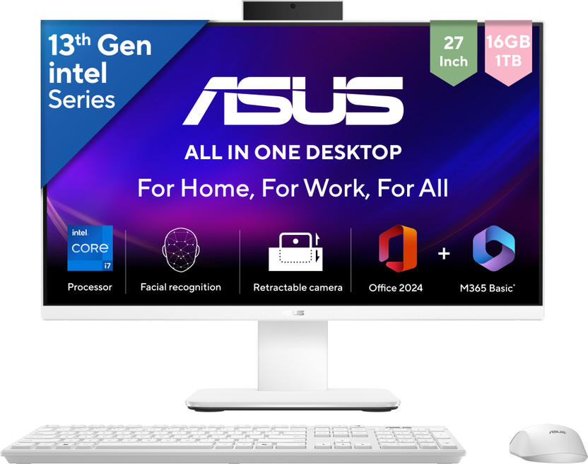 ASUS V400 AiO Series V470VA-KWPE006WS, All in One Desktop, 13th Gen Core i7 (16 GB DDR5/1 TB SSD/Windows 11 Home/27 Inch Screen/V470VA-KWPE006WS) with MS Office(White, 21 cm x 61.3 cm x 44.7 cm, 9 kg)