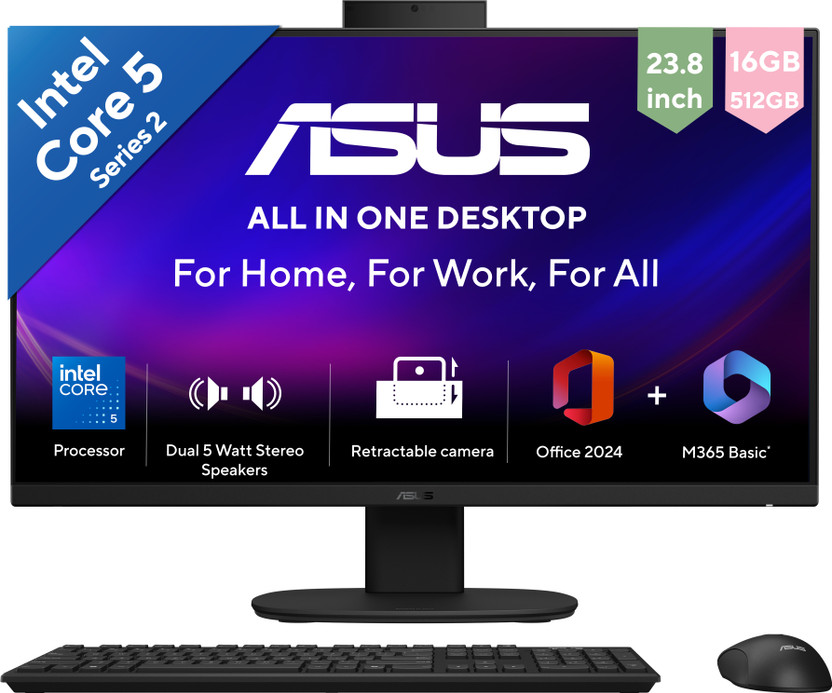 ASUS AiO V400 Series,(2026) with Office 2024 + M365 Basic* , (i5 14th Gen) Core 5 (16 GB DDR5/512 GB SSD/Windows 11 Home/23.8 Inch Screen/V440VA-KBC5002WS)(Black)