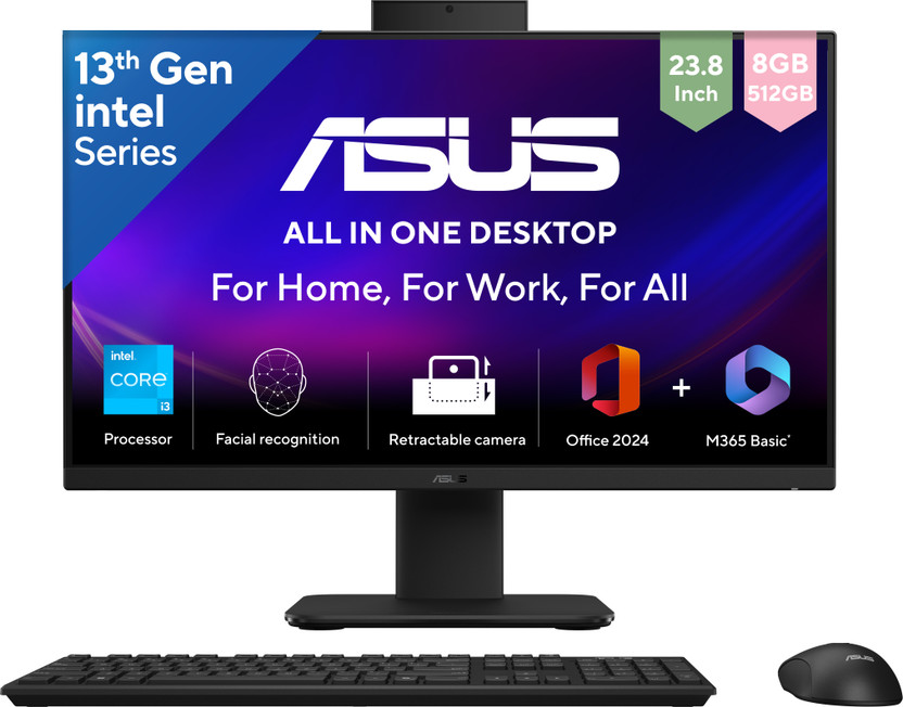 ASUS AiO V400 Series, All in One Desktop,13th Gen Intel Core i3 (8 GB DDR5/512 GB SSD/Windows 11 Home/23.8 Inch Screen/V440VAB-KBPC004WS) with MS Office(Black, 21 cm x 54.1 cm x 41.6 cm, 6.9 kg)