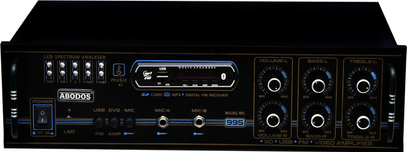 ABODOS M.NO.-995 High Quality 8Transistor 4Channel Stereo Power Amplifier with Big LED Display And LED Spectrum Analyser /Bluetooth/Recording /MIC Input/USB/SD Card Slot/FM Radio/AUX Input/Remote Control & Built-in Equalizer with Bass, Treble & Balance Control 500 W AV Power Amplifier (Black) 500 W 