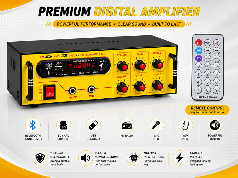 ain Amplifier 5000 W Sound Machine, Bass Treble & Volume,Remote BT/USB/SD Card FM 120 W AV Power Amplifier(Multicolor)