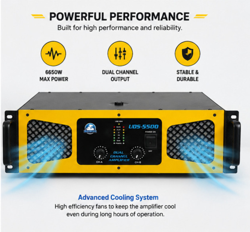 SUPER SKY TECH 6500W Copper Dual Channel Professional Power Amplifier – High Power Stereo Audio 6500 W AV Control Amplifier(Black, Yellow)